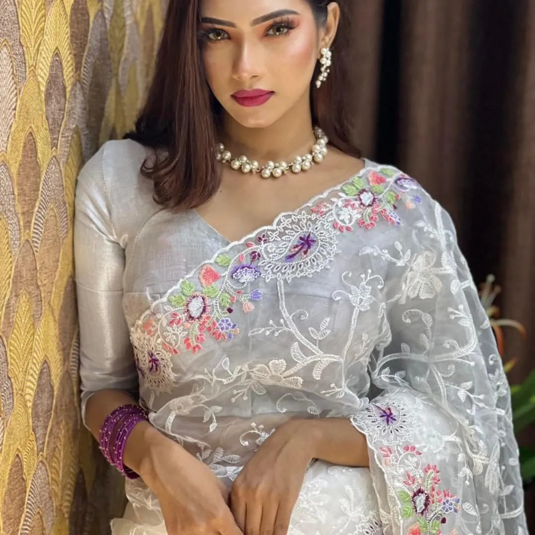 White Organza Saree with Vibrant 6-Color Thread Embroidery – Paired with Elegant White Silk Blouse