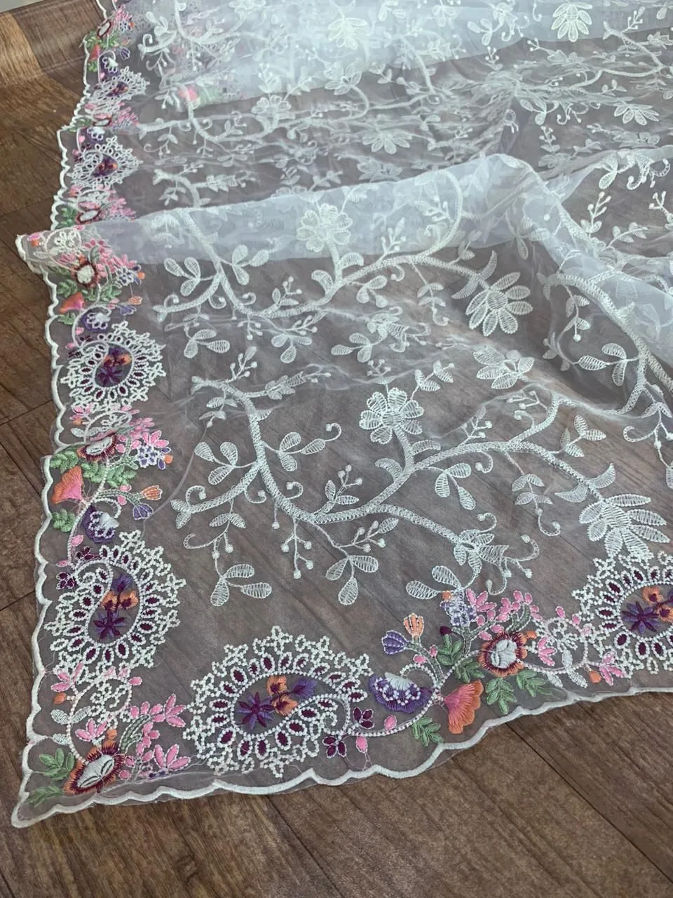 White Organza Saree with Vibrant 6-Color Thread Embroidery – Paired with Elegant White Silk Blouse