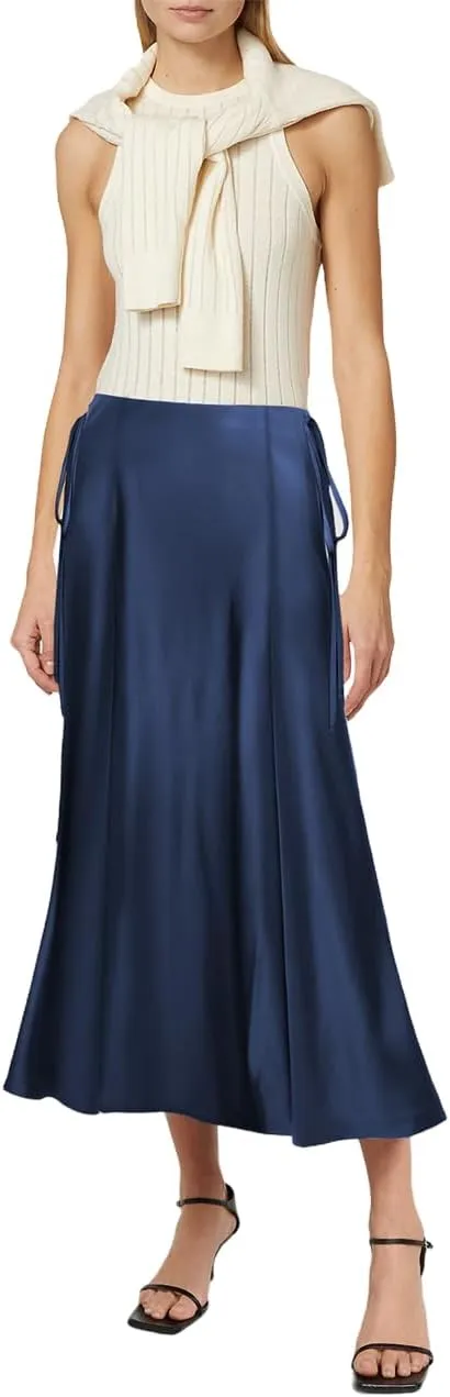 WISFRUIT Women's Satin Midi Skirts Silk A Line Flowy Ruffle Zipper Elegant Flared Cocktail Party Maxi Long Skirt
