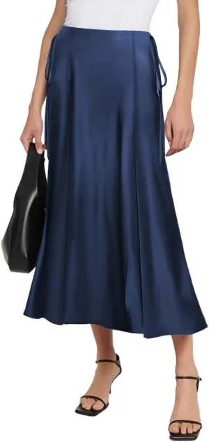 WISFRUIT Women's Satin Midi Skirts Silk A Line Flowy Ruffle Zipper Elegant Flared Cocktail Party Maxi Long Skirt