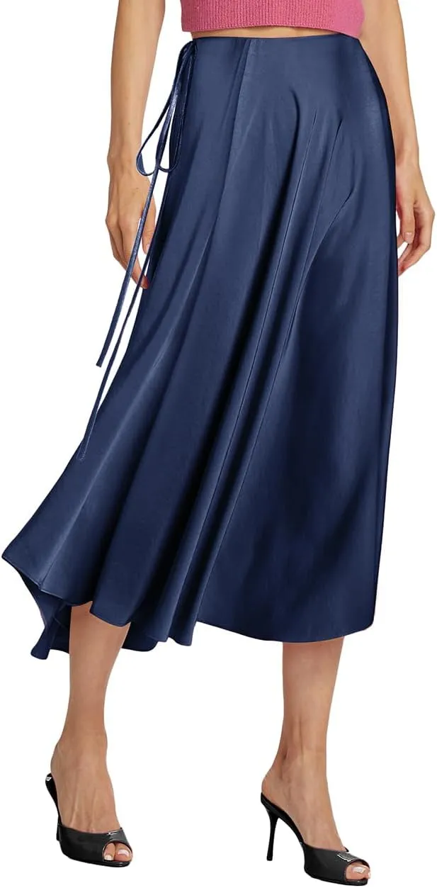 WISFRUIT Women's Satin Midi Skirts Silk A Line Flowy Ruffle Zipper Elegant Flared Cocktail Party Maxi Long Skirt