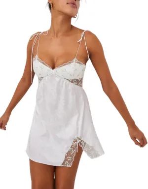 Women Lace Satin Mini Slip Dress Sleeveless Spaghetti Strap Tie Shoulder Backless Split Short Dress Y2k Fairy Dress