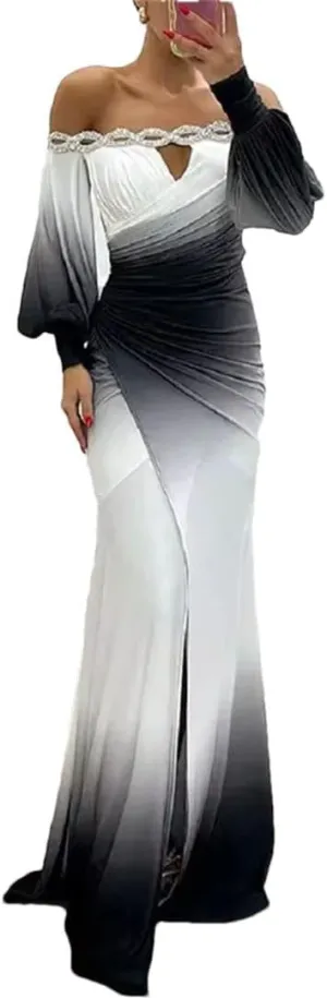 Women Loose Slash Neck Shoulder Spit Pleat Sexy High Waist Long Sleeve Dress