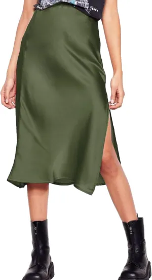 Women Summer High Waist Wrap Ruffled Side Slit Adjustable Waistband Midi Skirt