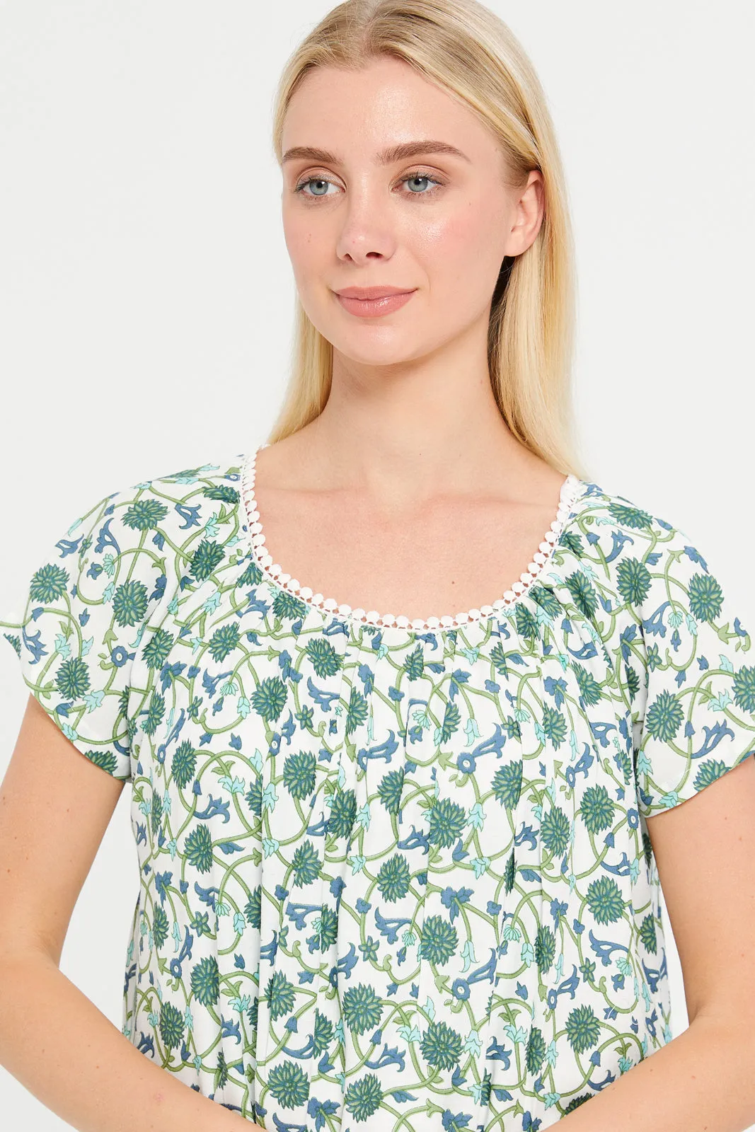 Women White And Green Printed  Round Lace Nightgown