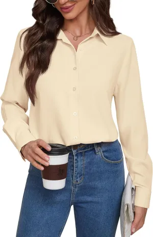 Women Wrinkle Free Soft and Breathable Chiffon Button Down Long Sleeve Blouse Collared Shirt Work Casual Tops