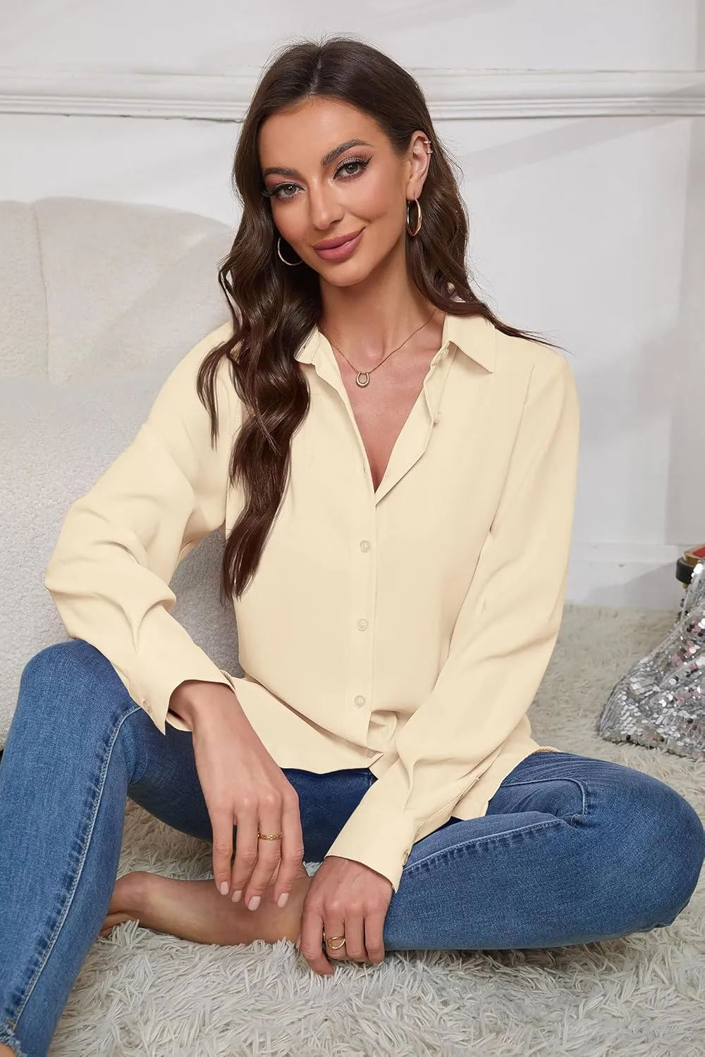 Women Wrinkle Free Soft and Breathable Chiffon Button Down Long Sleeve Blouse Collared Shirt Work Casual Tops