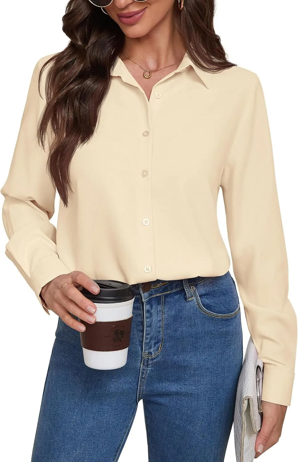 Women Wrinkle Free Soft and Breathable Chiffon Button Down Long Sleeve Blouse Collared Shirt Work Casual Tops