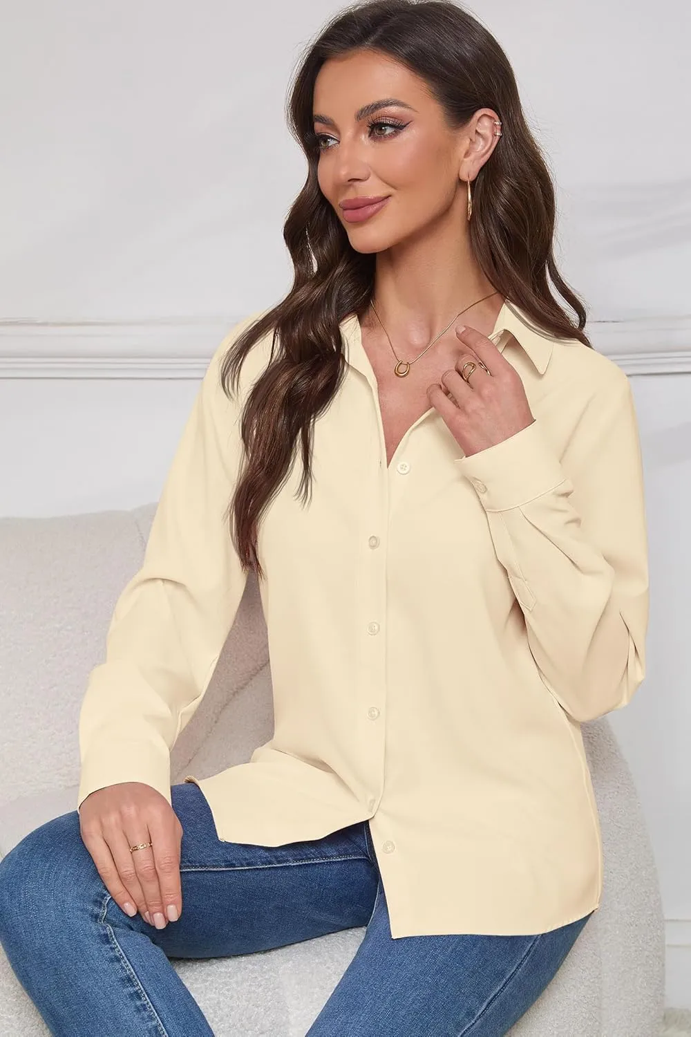 Women Wrinkle Free Soft and Breathable Chiffon Button Down Long Sleeve Blouse Collared Shirt Work Casual Tops