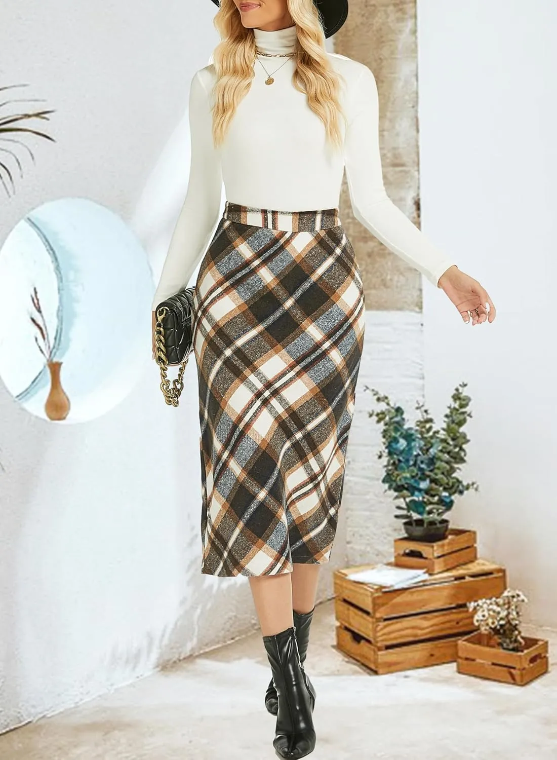 Womens Flannel Plaid Straight Vintage A Line Midi Length Long Pencil Skirt