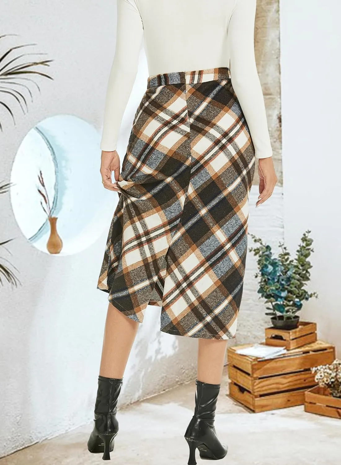 Womens Flannel Plaid Straight Vintage A Line Midi Length Long Pencil Skirt