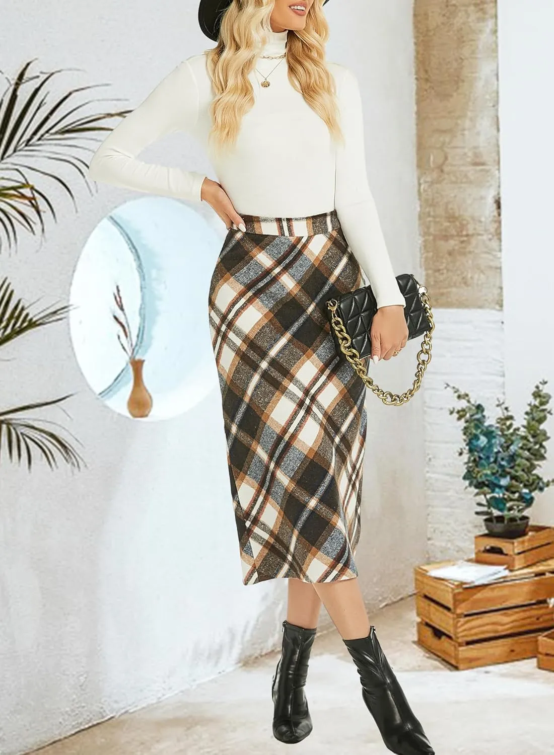 Womens Flannel Plaid Straight Vintage A Line Midi Length Long Pencil Skirt