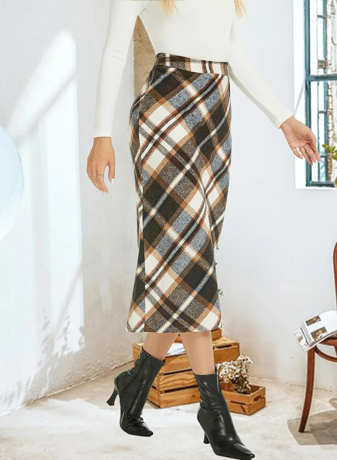 Womens Flannel Plaid Straight Vintage A Line Midi Length Long Pencil Skirt