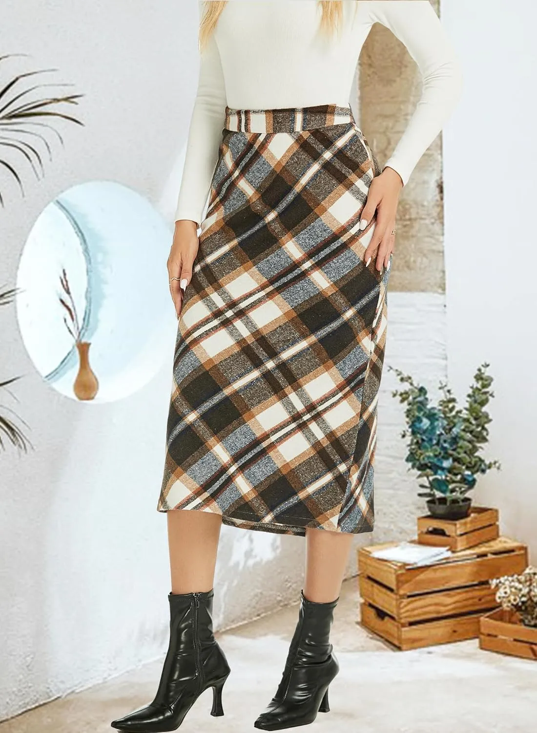 Womens Flannel Plaid Straight Vintage A Line Midi Length Long Pencil Skirt