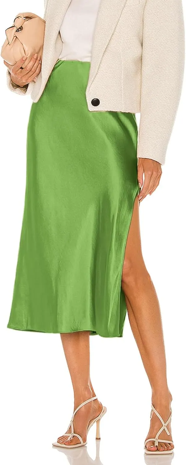 Womens High Waisted Satin Midi Skirts Elegant Flared A Line Elastic Waistband Silk Slit Skirt for Women