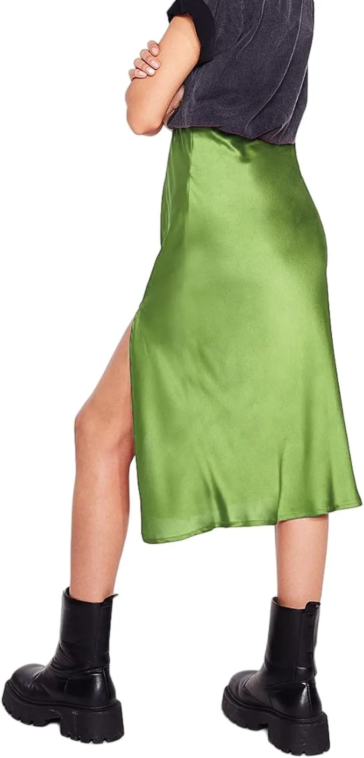 Womens High Waisted Satin Midi Skirts Elegant Flared A Line Elastic Waistband Silk Slit Skirt for Women
