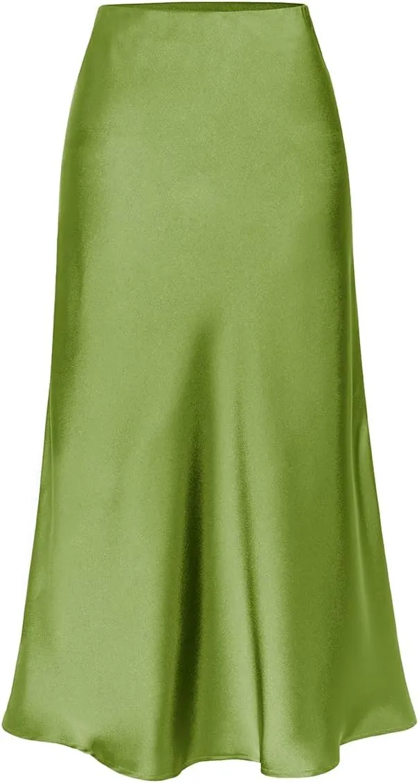 Womens High Waisted Satin Midi Skirts Elegant Flared A Line Elastic Waistband Silk Slit Skirt for Women