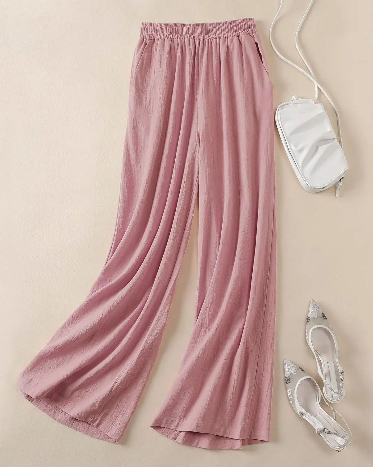 Womens Plus Size Linen Pants Wide Leg Palazzo Trousers High Elastic Waist Flowy Culottes with Pockets L 5XL