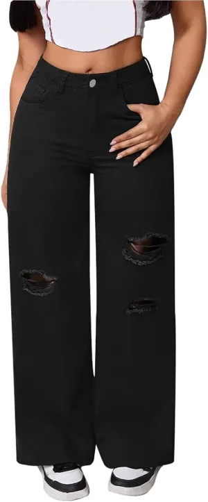 Womens Ripped Jeans High Waisted Distressed Baggy Straight Wide Leg Pants Lounge Denim Pants with Pockets