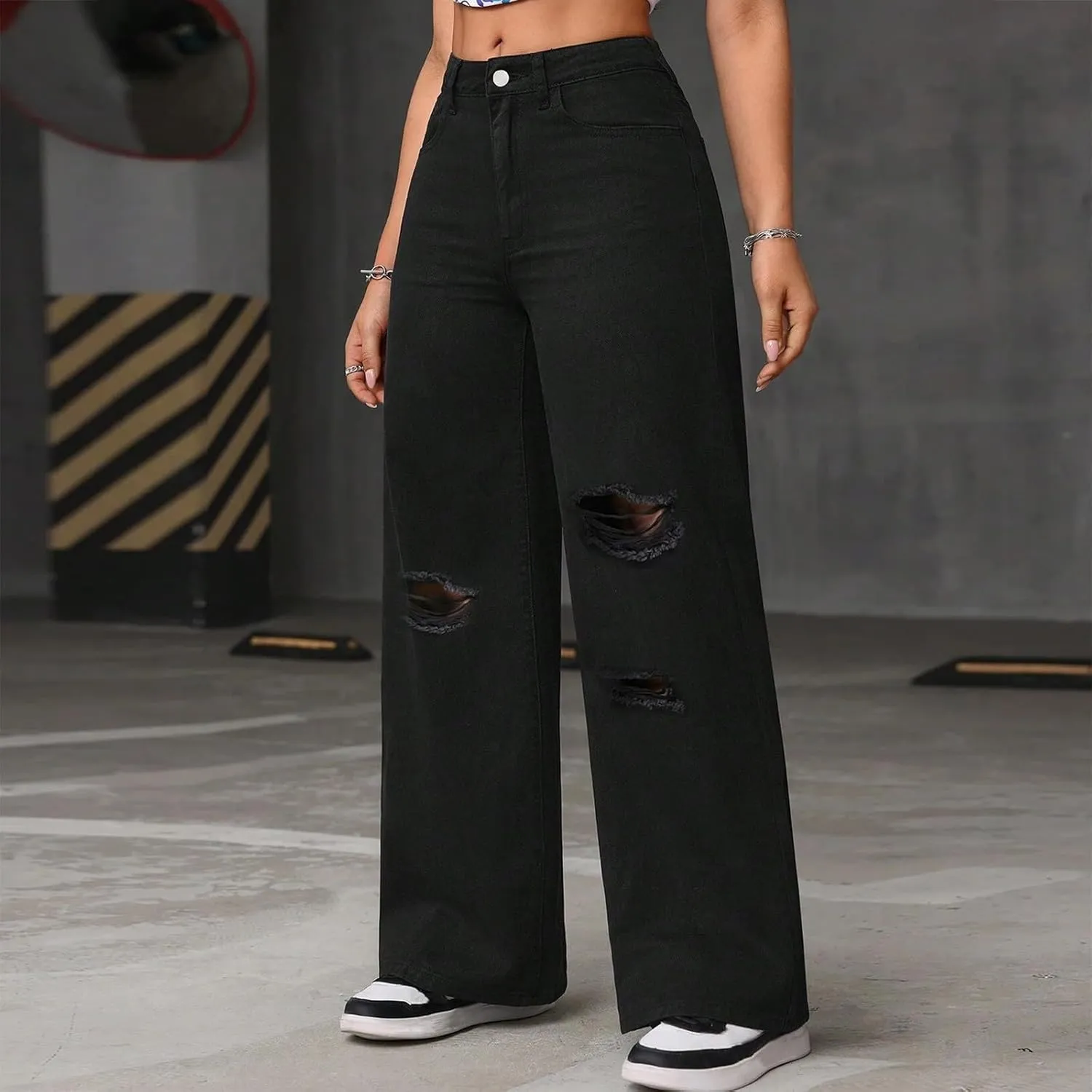 Womens Ripped Jeans High Waisted Distressed Baggy Straight Wide Leg Pants Lounge Denim Pants with Pockets