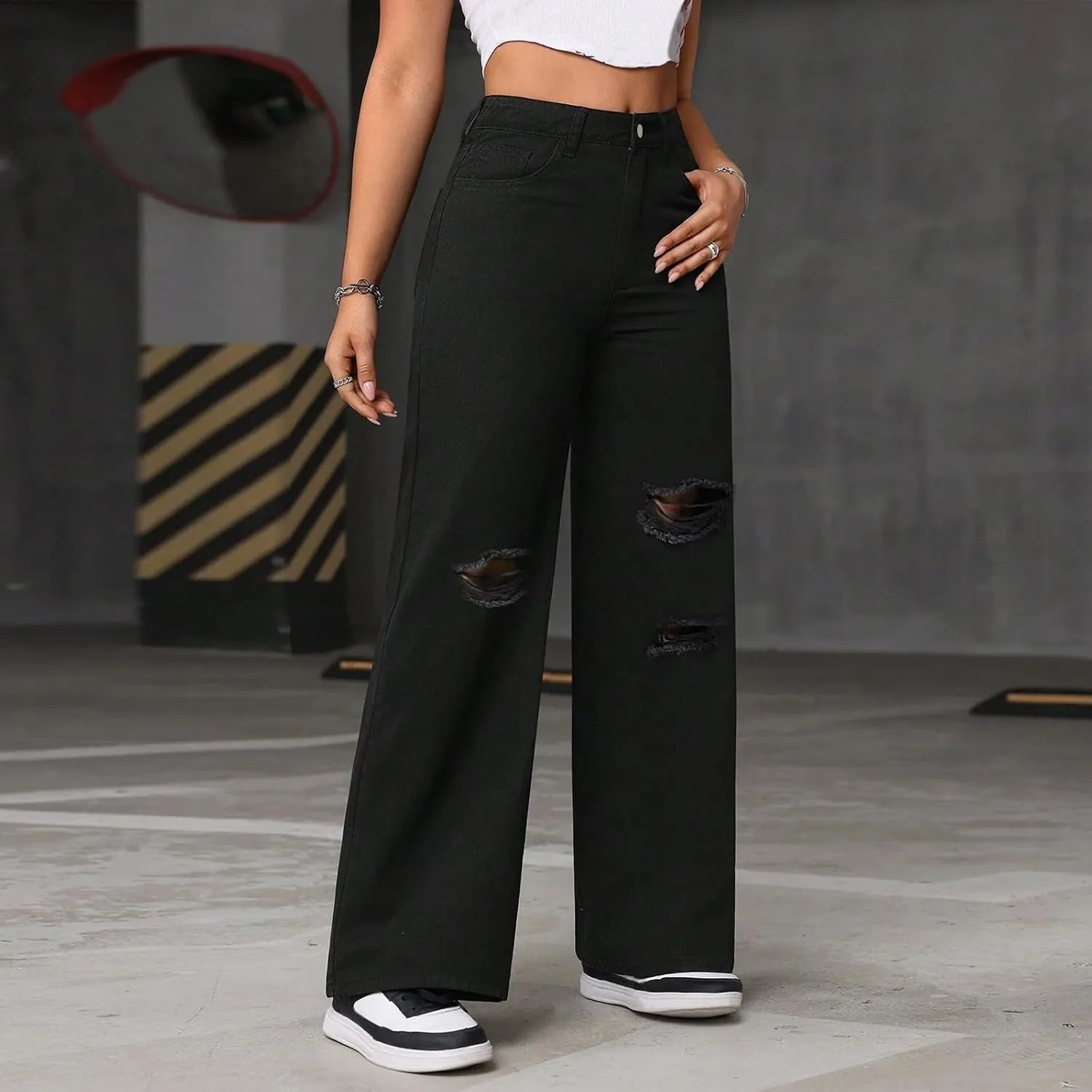 Womens Ripped Jeans High Waisted Distressed Baggy Straight Wide Leg Pants Lounge Denim Pants with Pockets