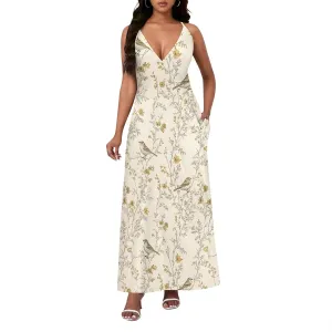 Womens Sexy Casual Spaghetti Strap Dress Deep V Neck Sleeveless Backless Halter Sundress with Pockets