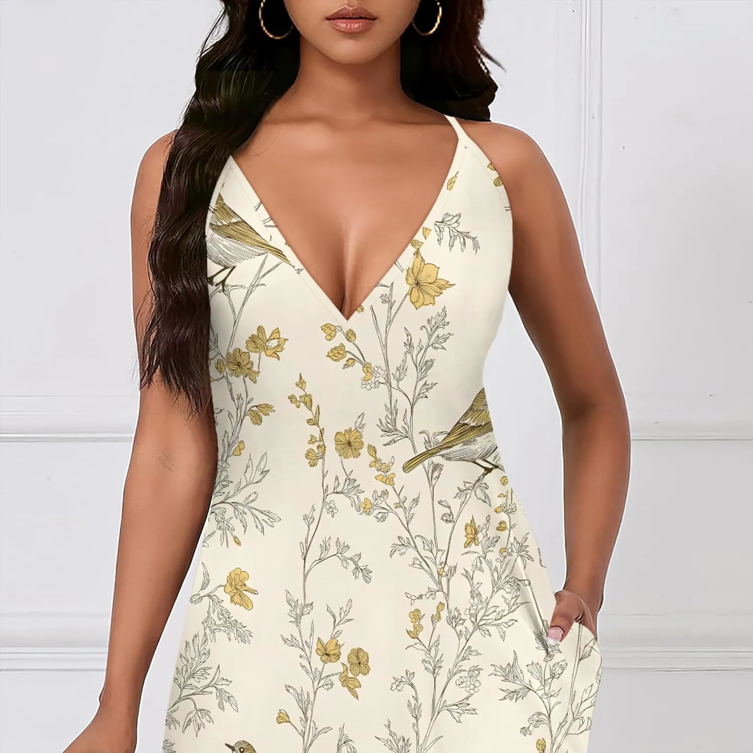 Womens Sexy Casual Spaghetti Strap Dress Deep V Neck Sleeveless Backless Halter Sundress with Pockets