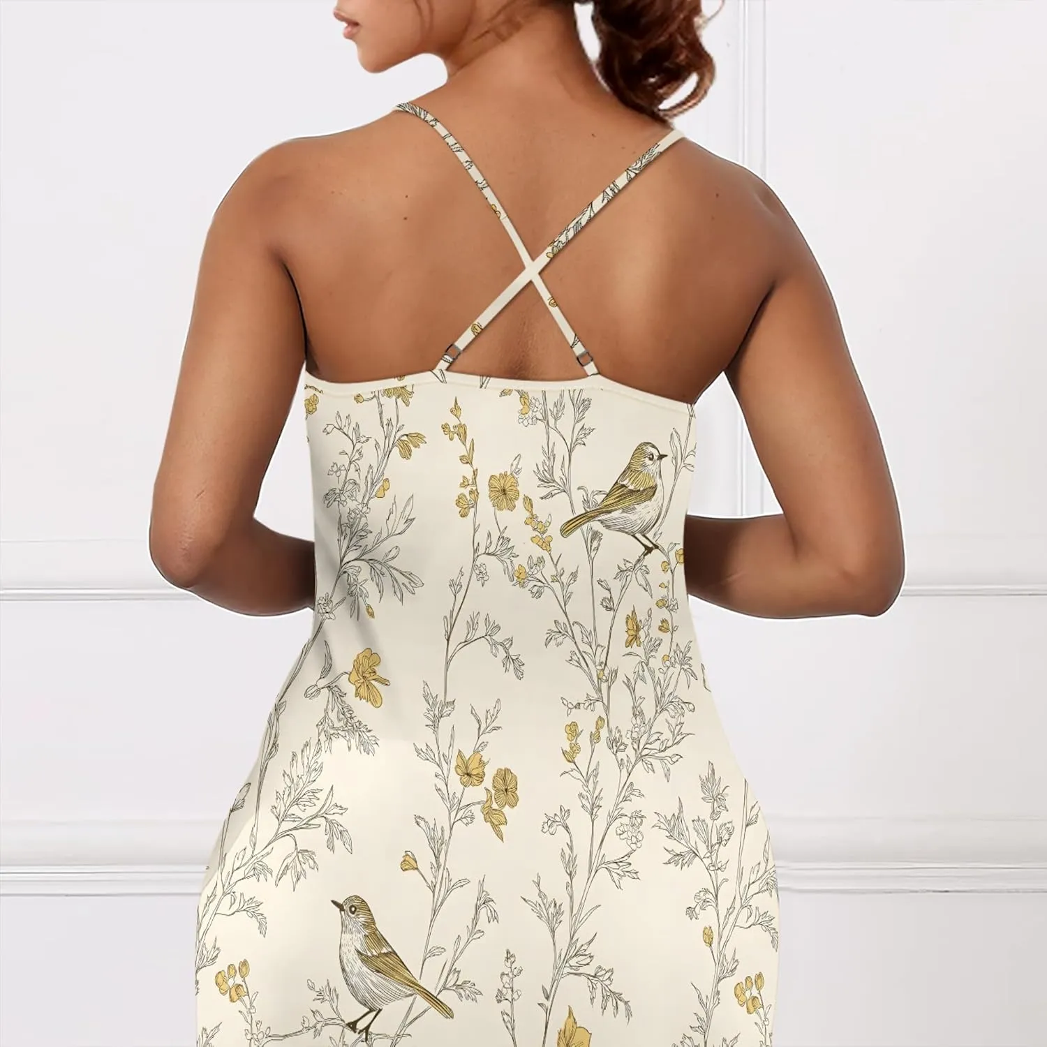 Womens Sexy Casual Spaghetti Strap Dress Deep V Neck Sleeveless Backless Halter Sundress with Pockets