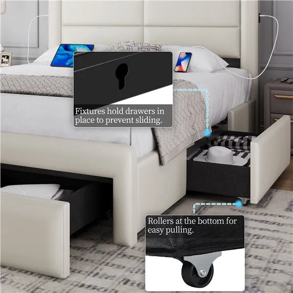 Yaheetech King/Full/Queen Upholstered Bed Frame with 4 Storage Drawers, Beige
