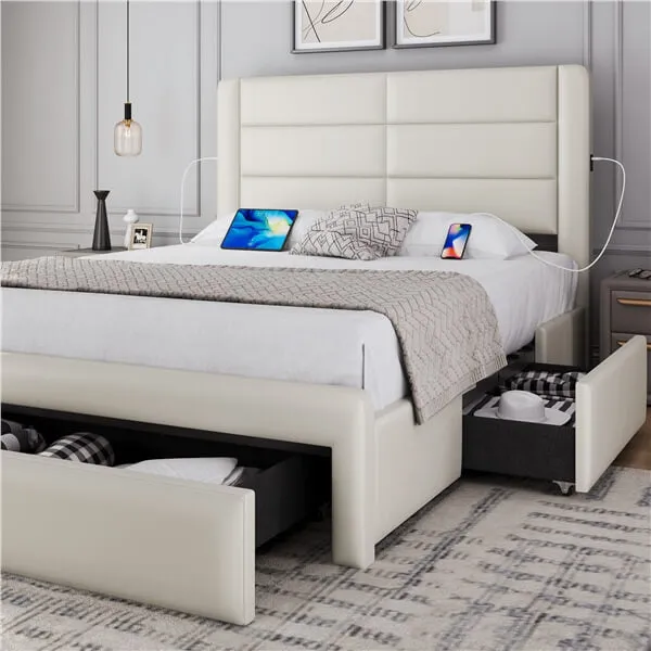 Yaheetech King/Full/Queen Upholstered Bed Frame with 4 Storage Drawers, Beige