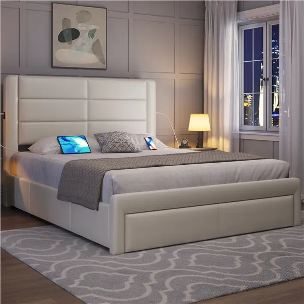 Yaheetech King/Full/Queen Upholstered Bed Frame with 4 Storage Drawers, Beige