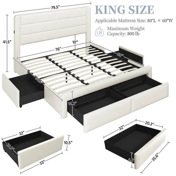 Yaheetech King/Full/Queen Upholstered Bed Frame with 4 Storage Drawers, Beige