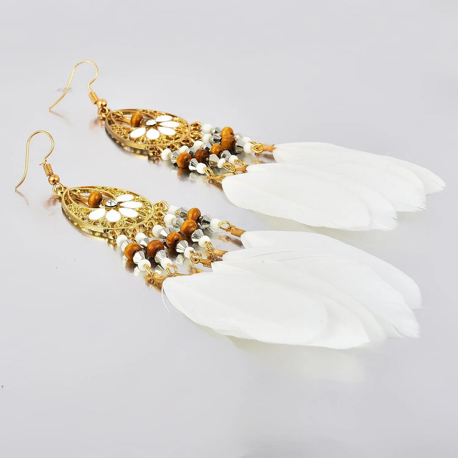 Yellow Chimes Classic Beauty White Swan Feather Tassel Earrings for Women & Girls (White)