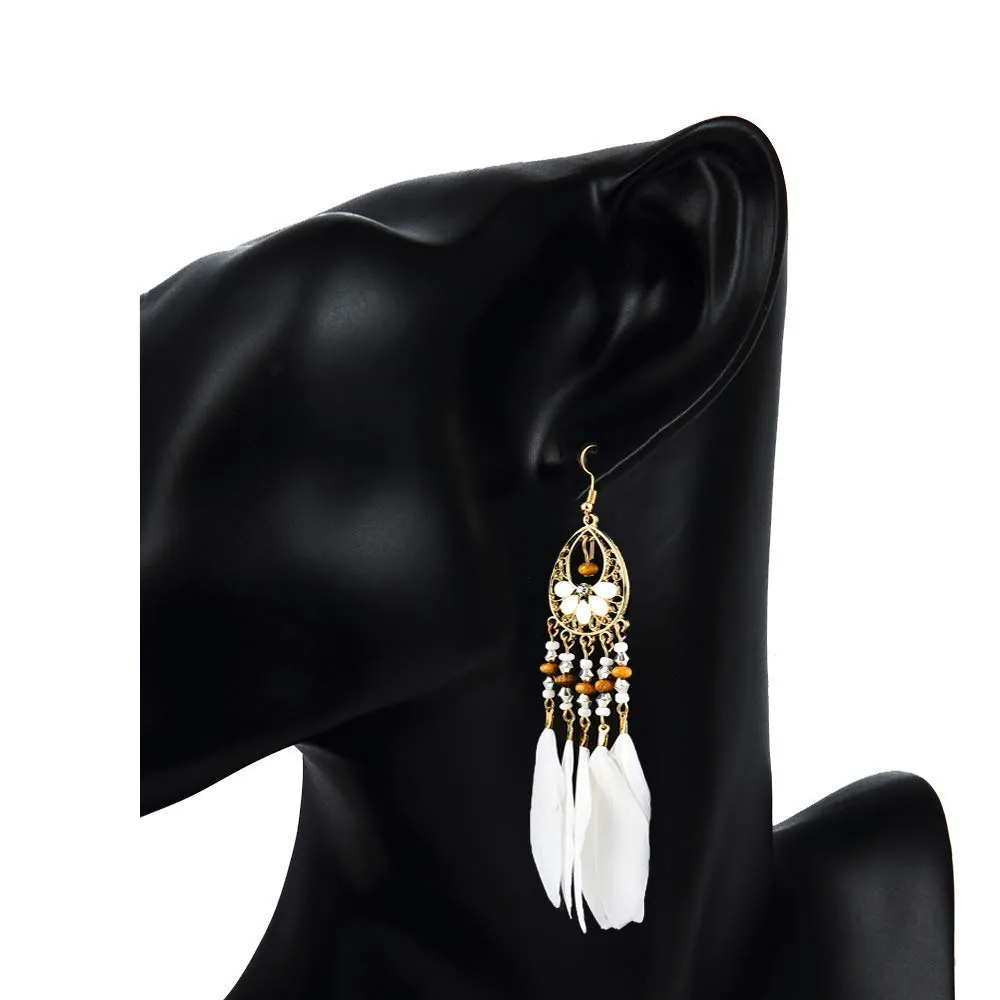 Yellow Chimes Classic Beauty White Swan Feather Tassel Earrings for Women & Girls (White)