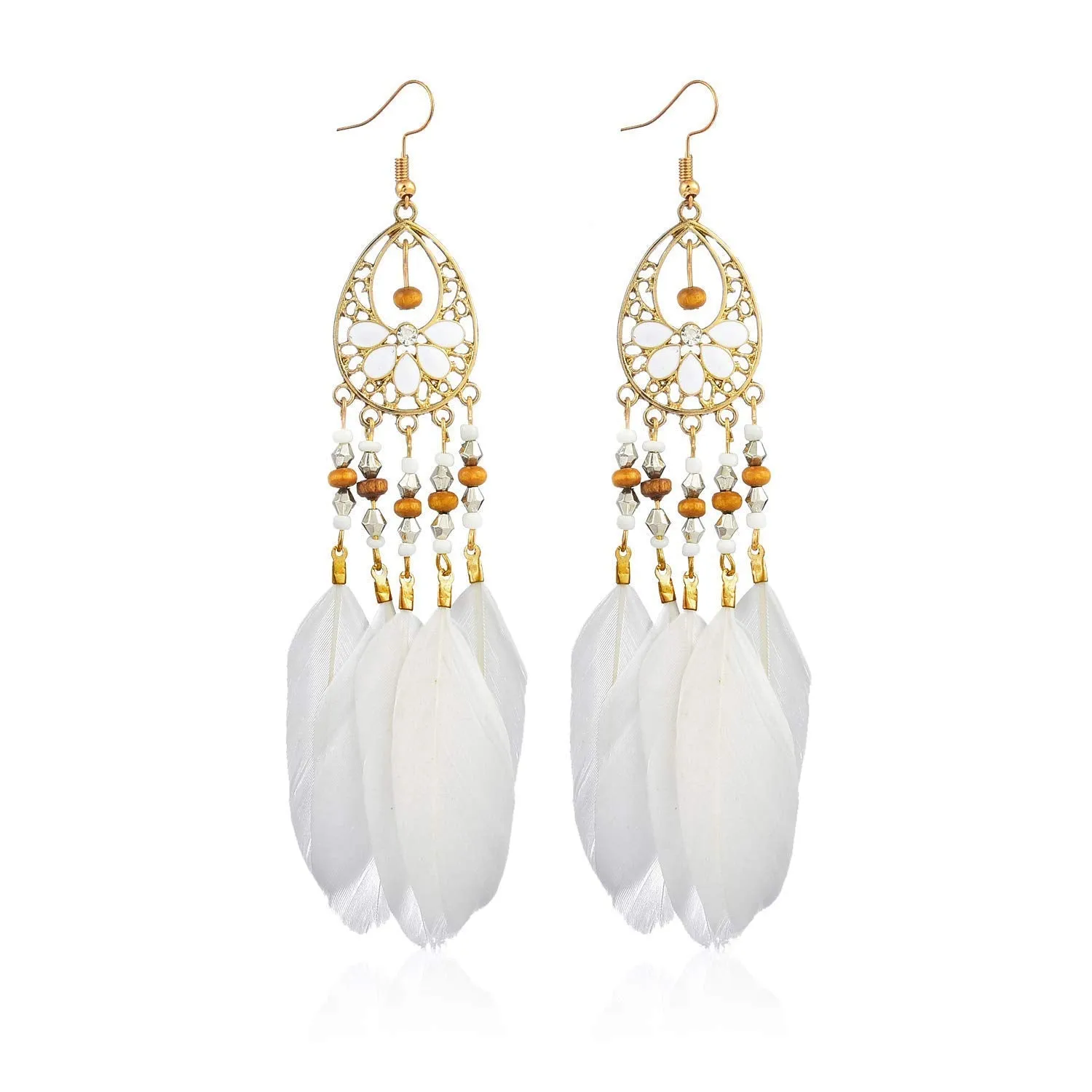 Yellow Chimes Classic Beauty White Swan Feather Tassel Earrings for Women & Girls (White)