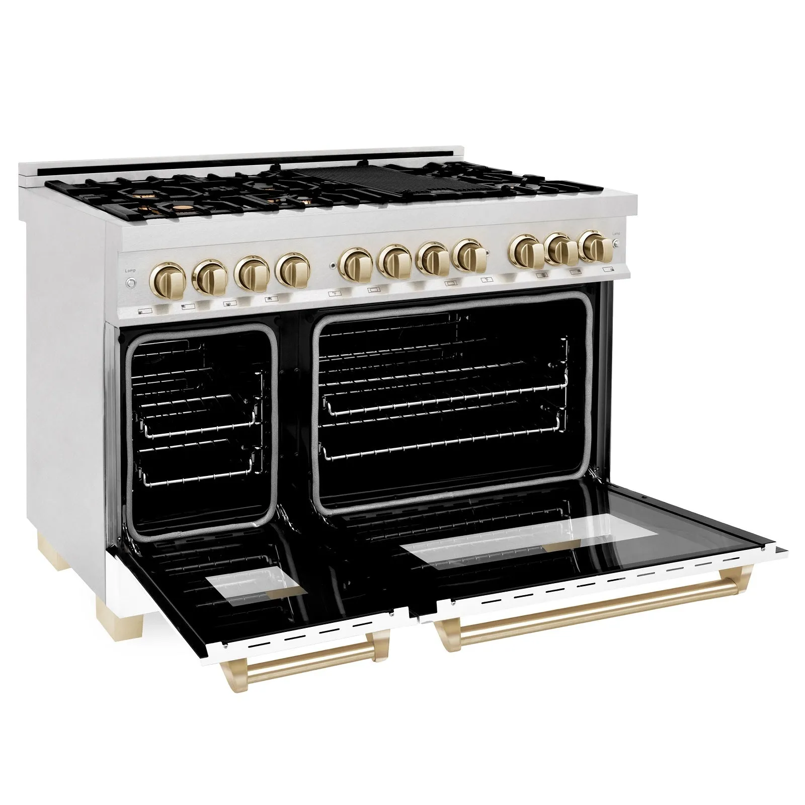 ZLINE Autograph Edition 48" 6.0 cu. ft. Dual Fuel Range in DuraSnow® Stainless Steel with White Matte Door and Gold Accents (RASZ-WM-48-G)