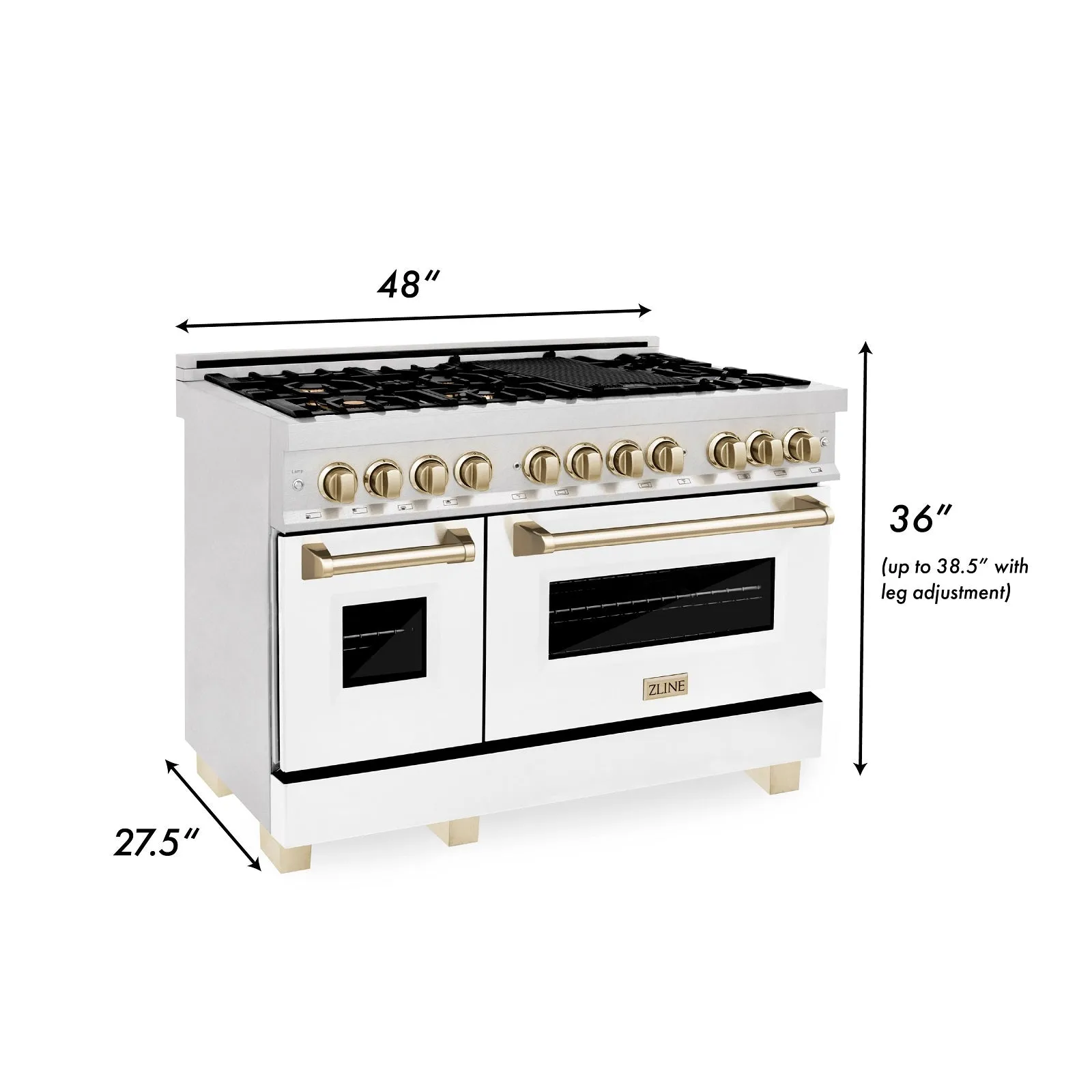 ZLINE Autograph Edition 48" 6.0 cu. ft. Dual Fuel Range in DuraSnow® Stainless Steel with White Matte Door and Gold Accents (RASZ-WM-48-G)