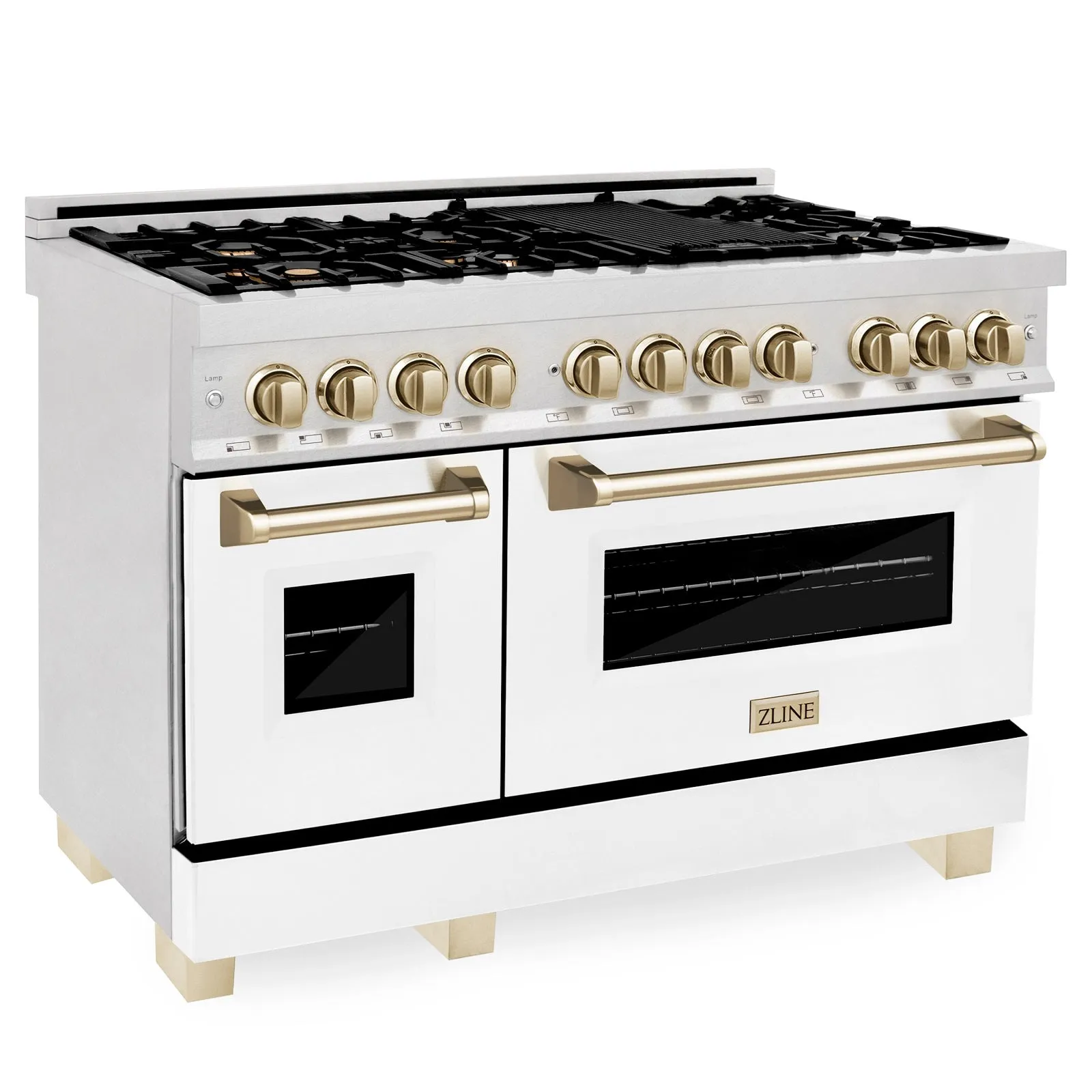 ZLINE Autograph Edition 48" 6.0 cu. ft. Dual Fuel Range in DuraSnow® Stainless Steel with White Matte Door and Gold Accents (RASZ-WM-48-G)
